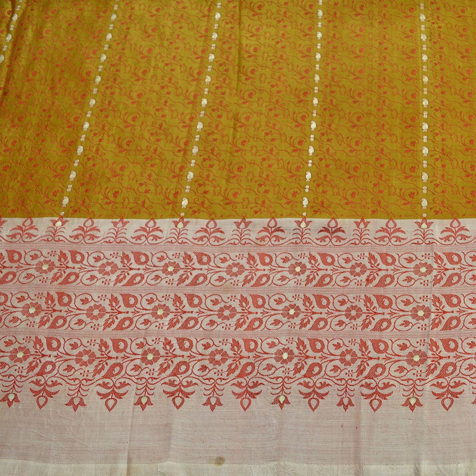Vintage Sari Mustard Heavy Pure Satin Silk Hand Woven Brocade Sarees 5yd Ethnic