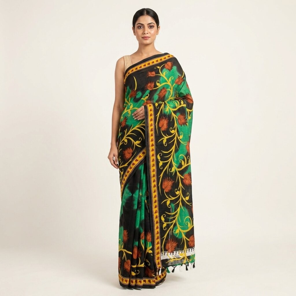 Sanskriti Vintage Saree Black-Green Pure Cotton Digital Printed Sari 5+Yd Fabric
