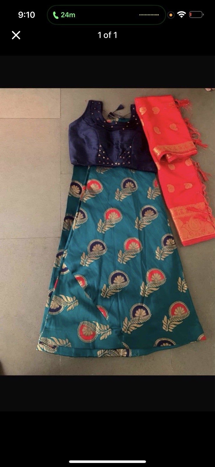 Traditional Women’s Choli Set Blue Blouse Green Skirt Red Dupatta Gold Accents
