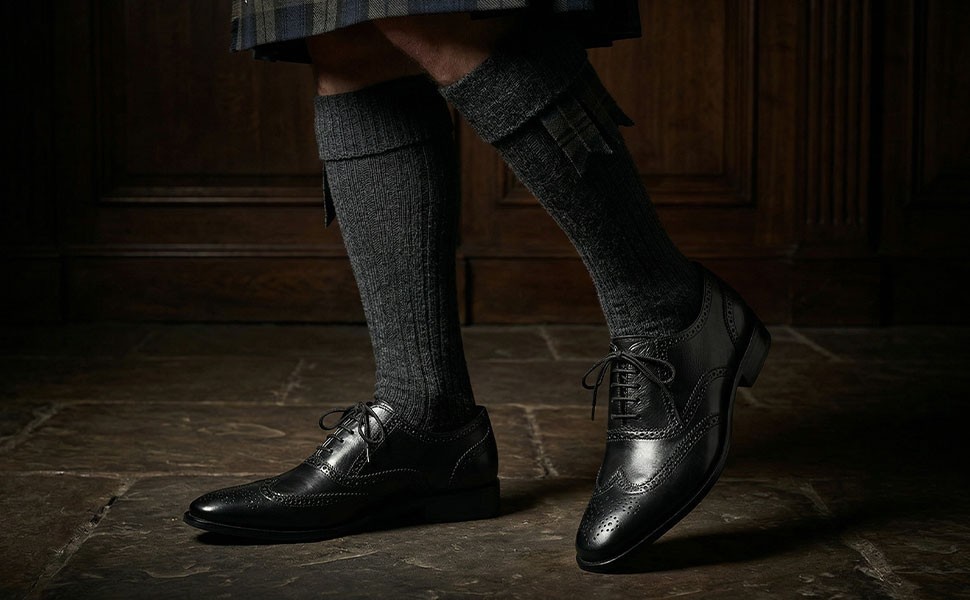 Scottish Highland Brogues Black Leather Oxford Kilt Shoes Formal Piper Wear