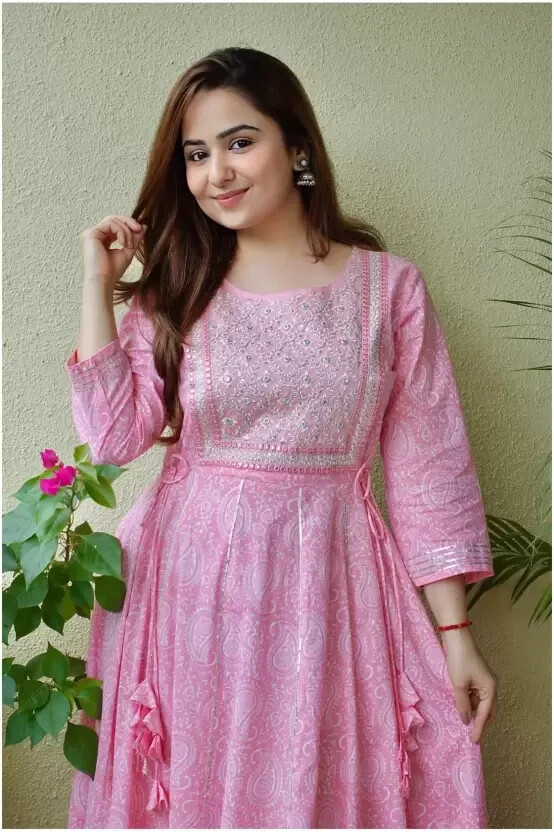 Women Cotton Rayon Anarkali Gown Kurta Set Indian Bollywood Designer Kurti Set