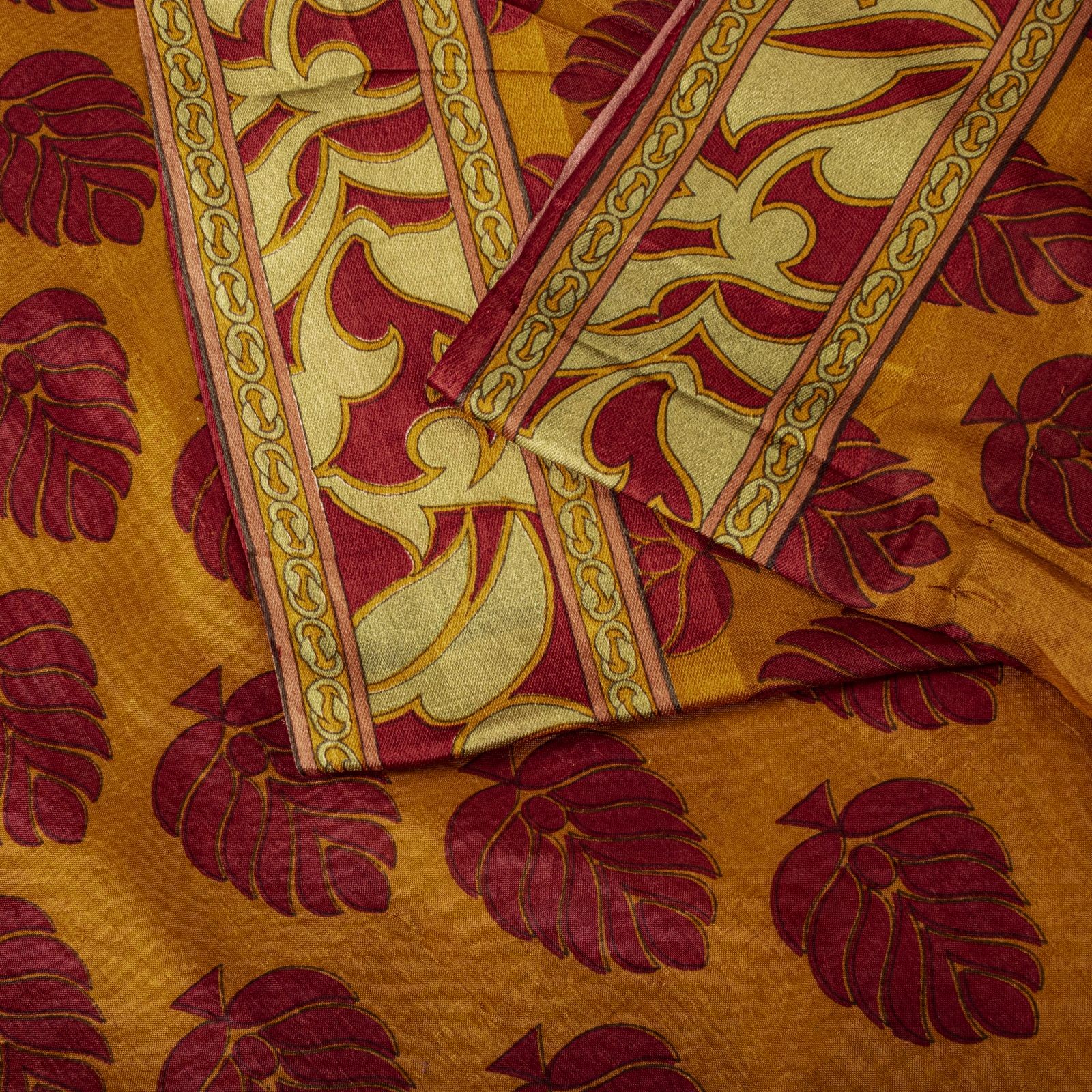 Sanskriti Vintage Saree Yellow Soft Pure Silk Block Printed Sari 5.5+Yd Fabric