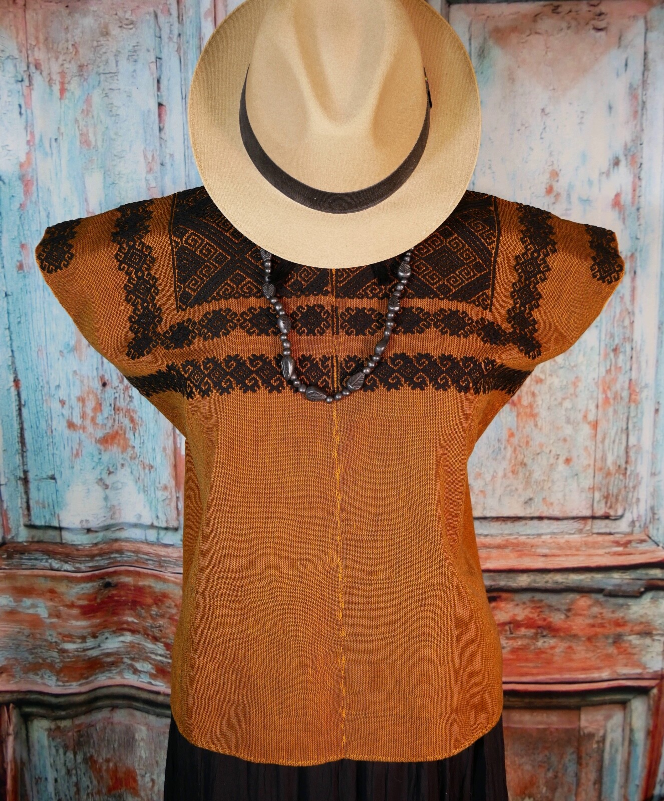 Huipil Mayan Gold & Black Pinstripe Handwoven Backstrap Loom Chiapas Mexico Boho