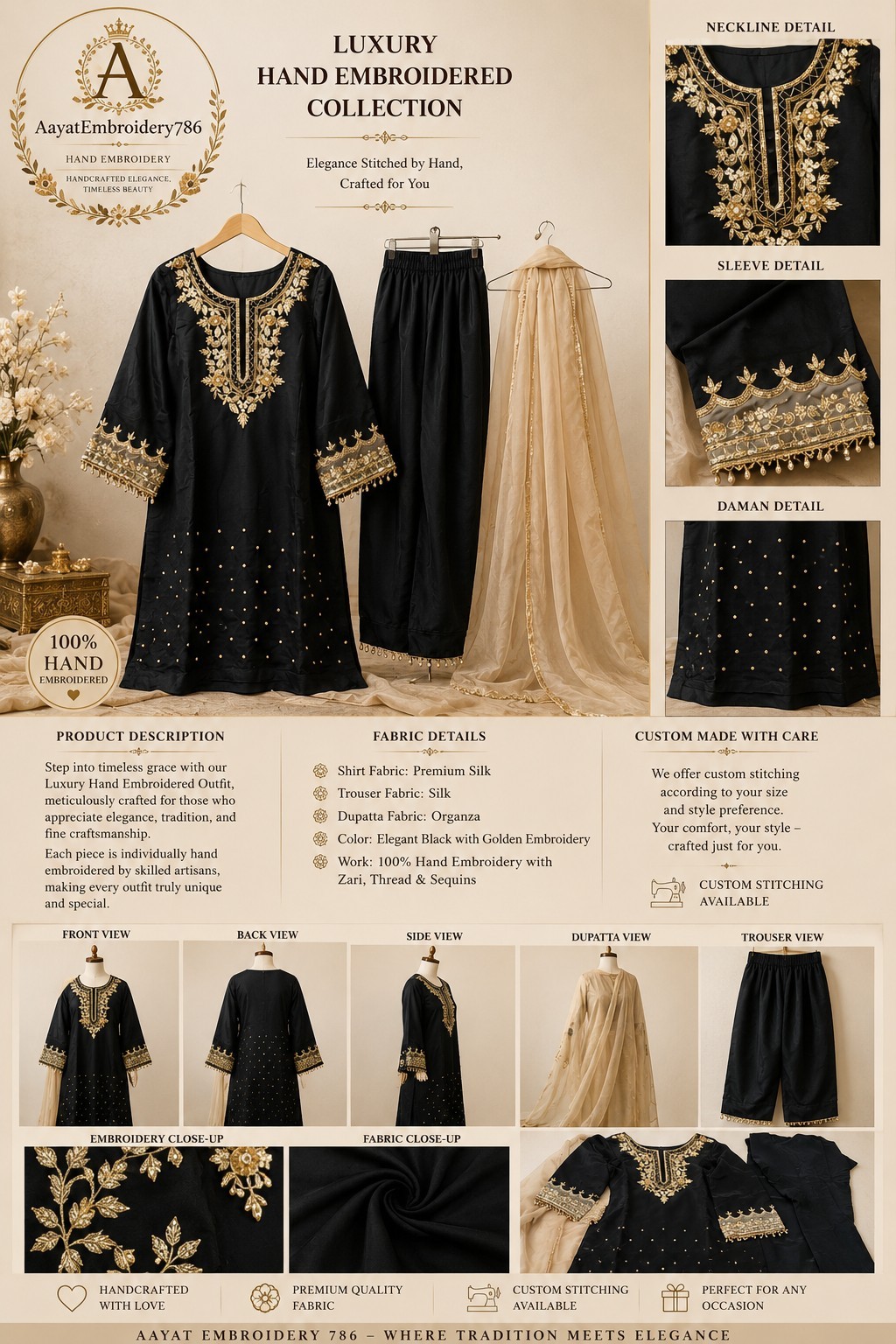 Luxury Black Hand Embroidered Silk Suit Set | Custom Size | Organza Dupatta |…