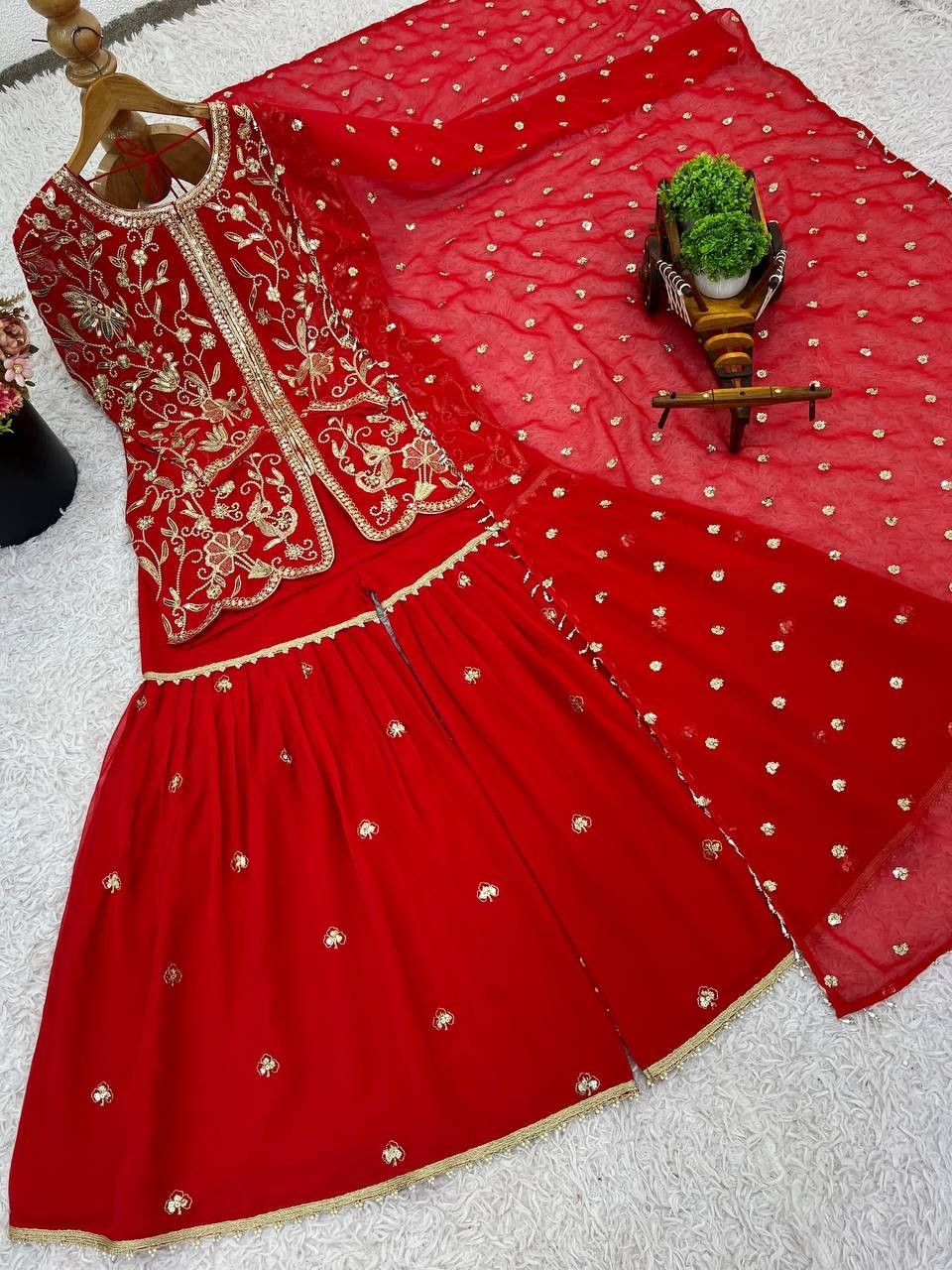 Beautiful Heavy Faux Georgette Red Top Palazzo With Dupatta For Women Function