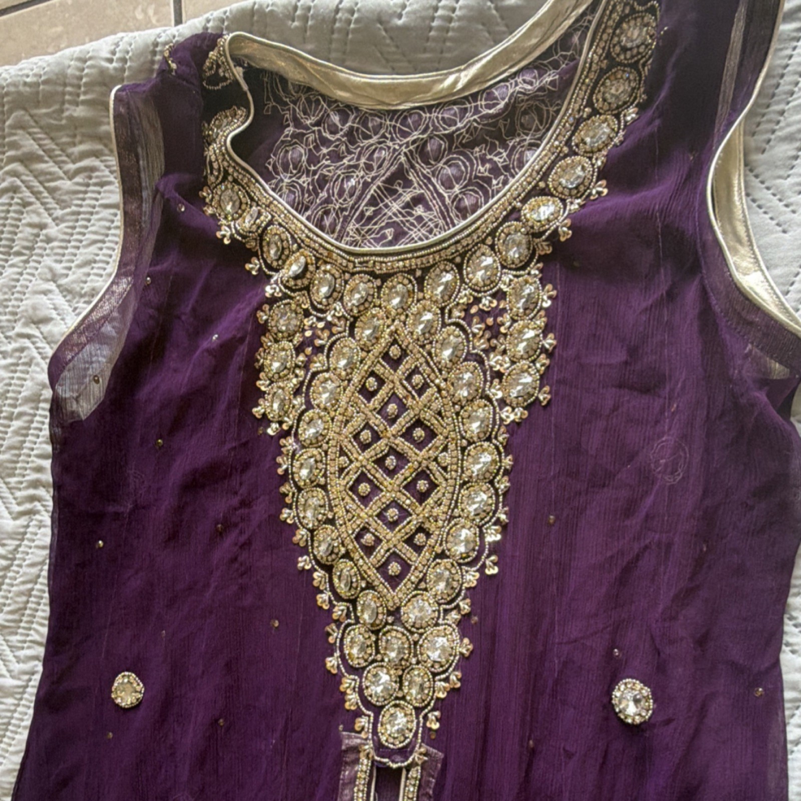Purple Pakistani Salwar Kameez Net Gold Embroidery Stone Embellishments Women