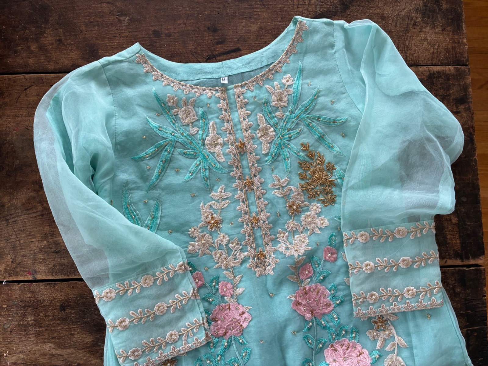 Agha Noor Embroidered Designer Gold turquoise blue pink Pakistani Dress Medium
