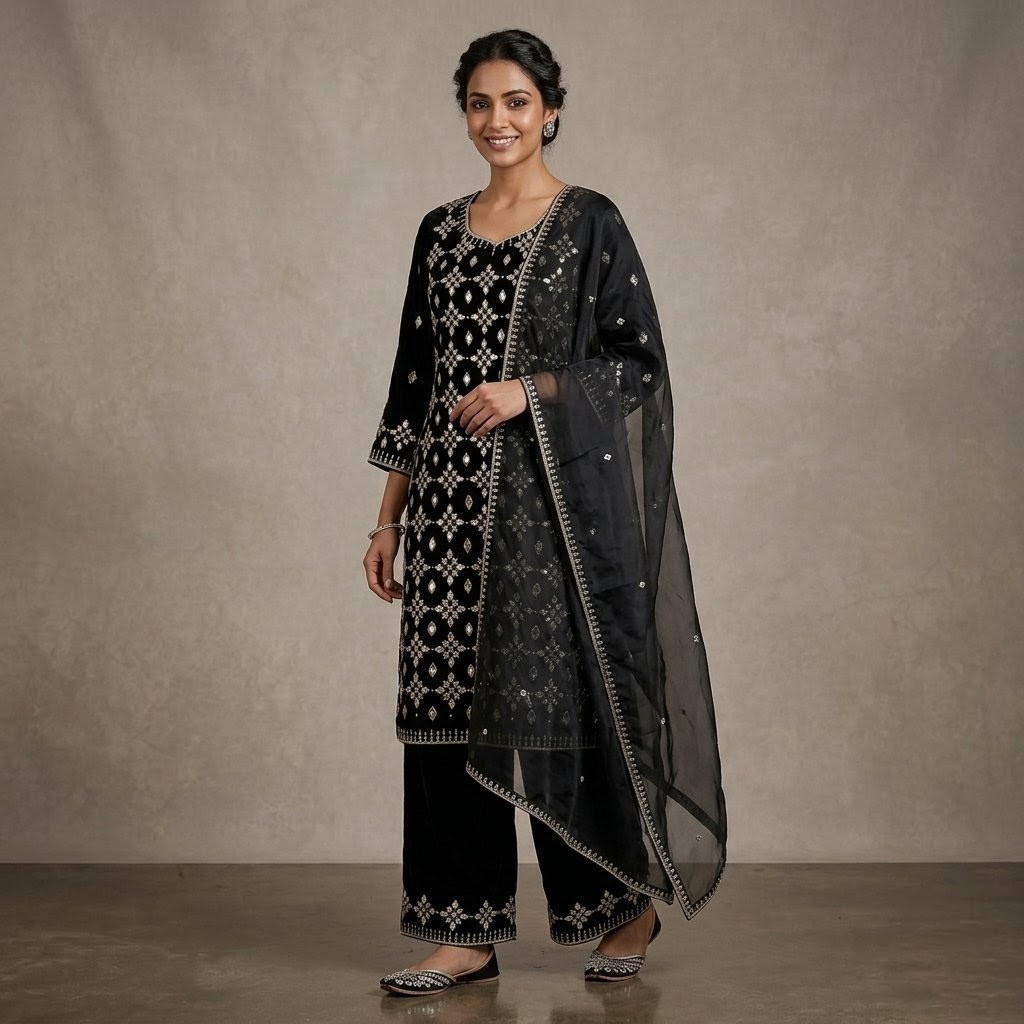 Black Organza Hand Embroidered Pakistani Salwar Kameez Suit Set for Women |…
