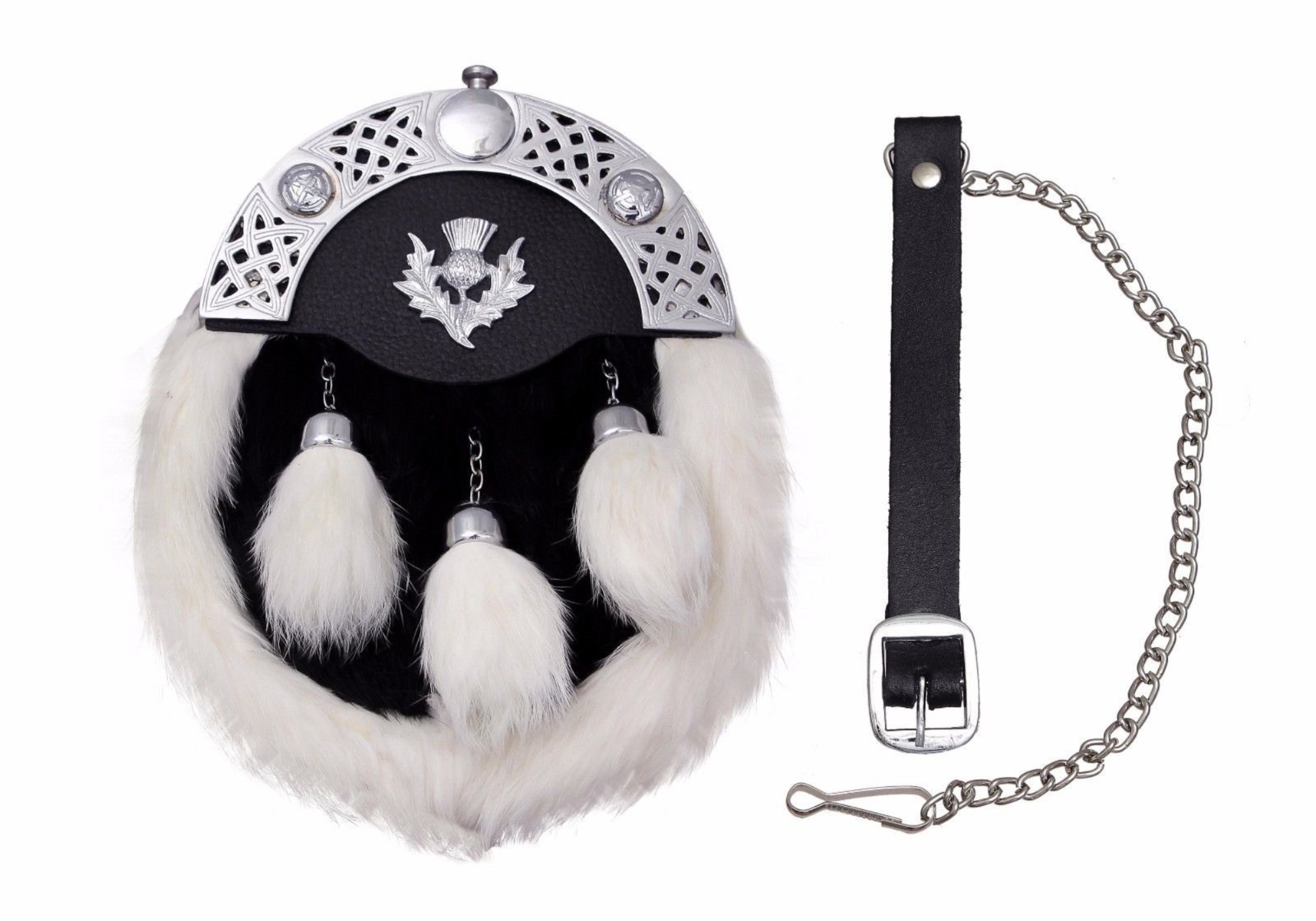 FULL DRESS KILT SPORRAN RABBIT FUR & CELTIC CANTLE FREE CHAIN BELT MULTI DESIGNS