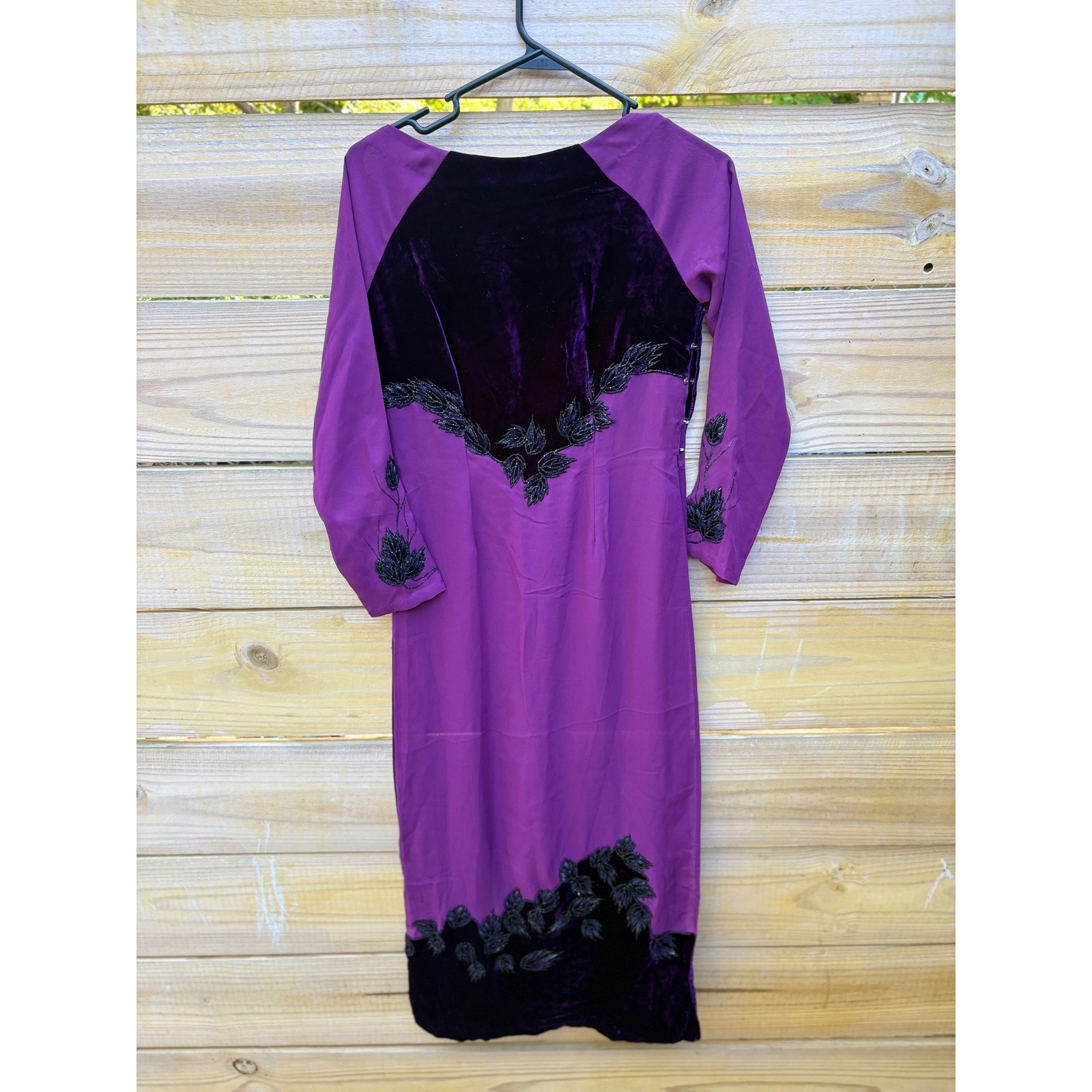 Vintage Purple Ao Dai Vietnamese Traditional Dress Velvet Beaded Floral Tunic 48