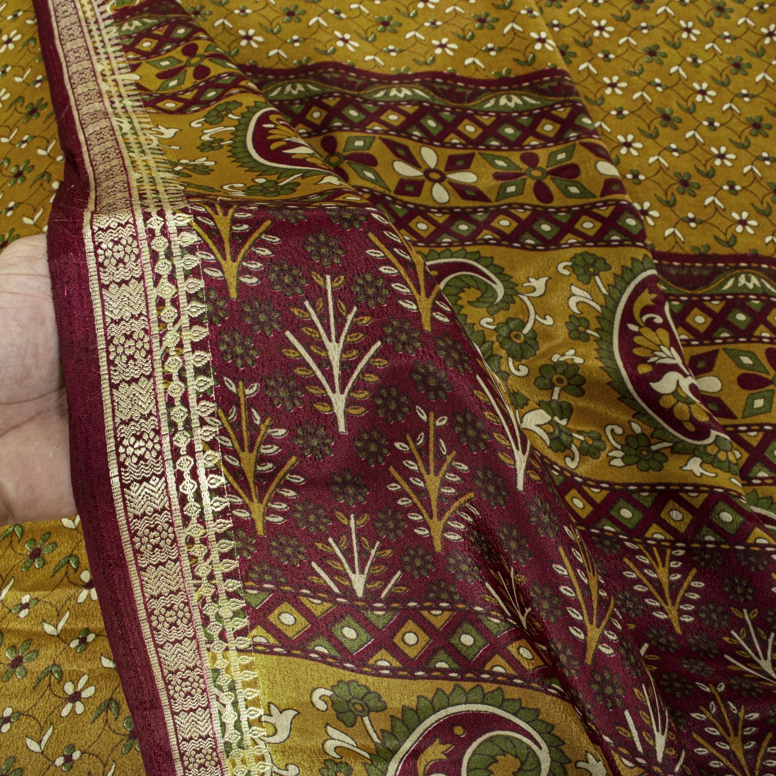 Sanskriti Vintage Yellow Moss Crepe Saree Floral Print Fabric 5+Yard Craft Sari