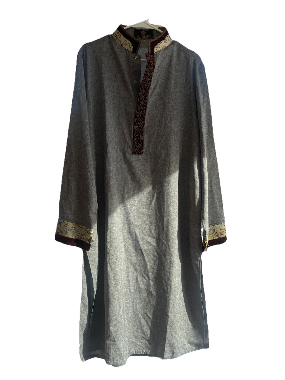 Aliraza Nasser Mens Gray Kurta Thobe Tunic Embroidered Trim Long Sleeve Size M