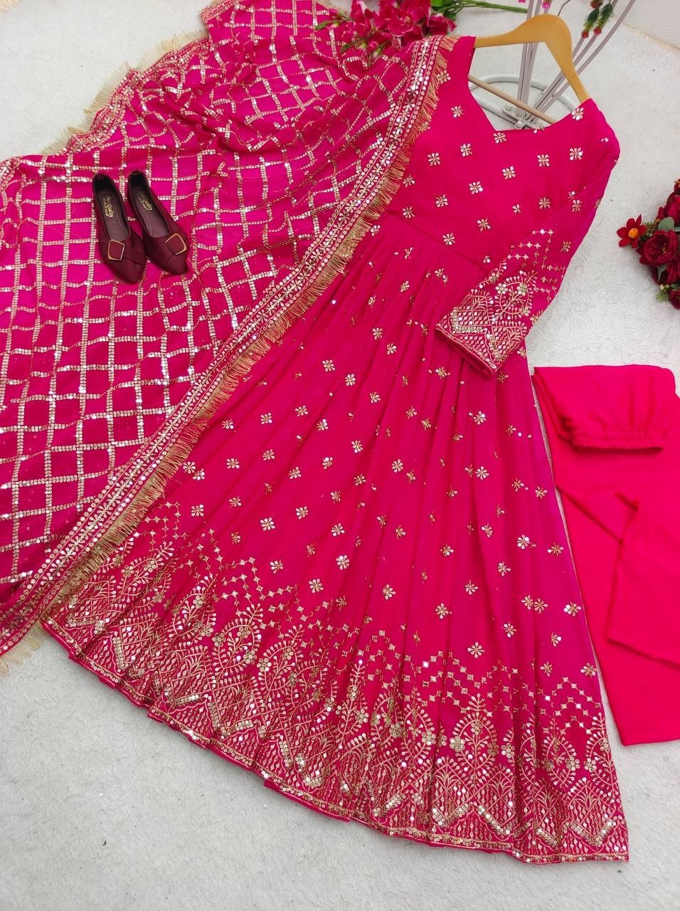Heavy Faux Georgette Pink Gown Bottom With Dupatta For Functional Wear