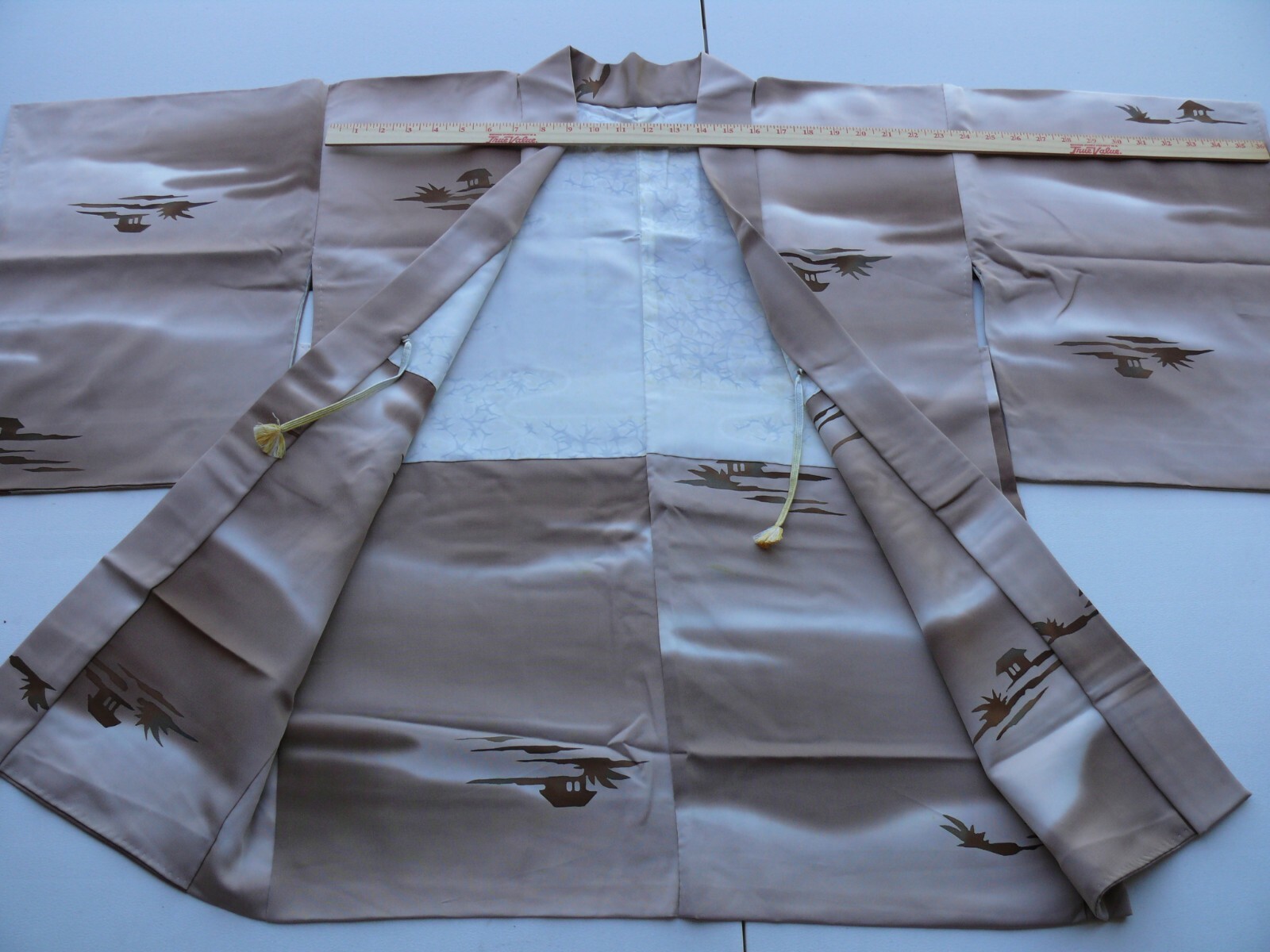 100% SILK VINTAGE SILK HAORI JACKET:Classic Rural Landscape MOCHA @Z83e+