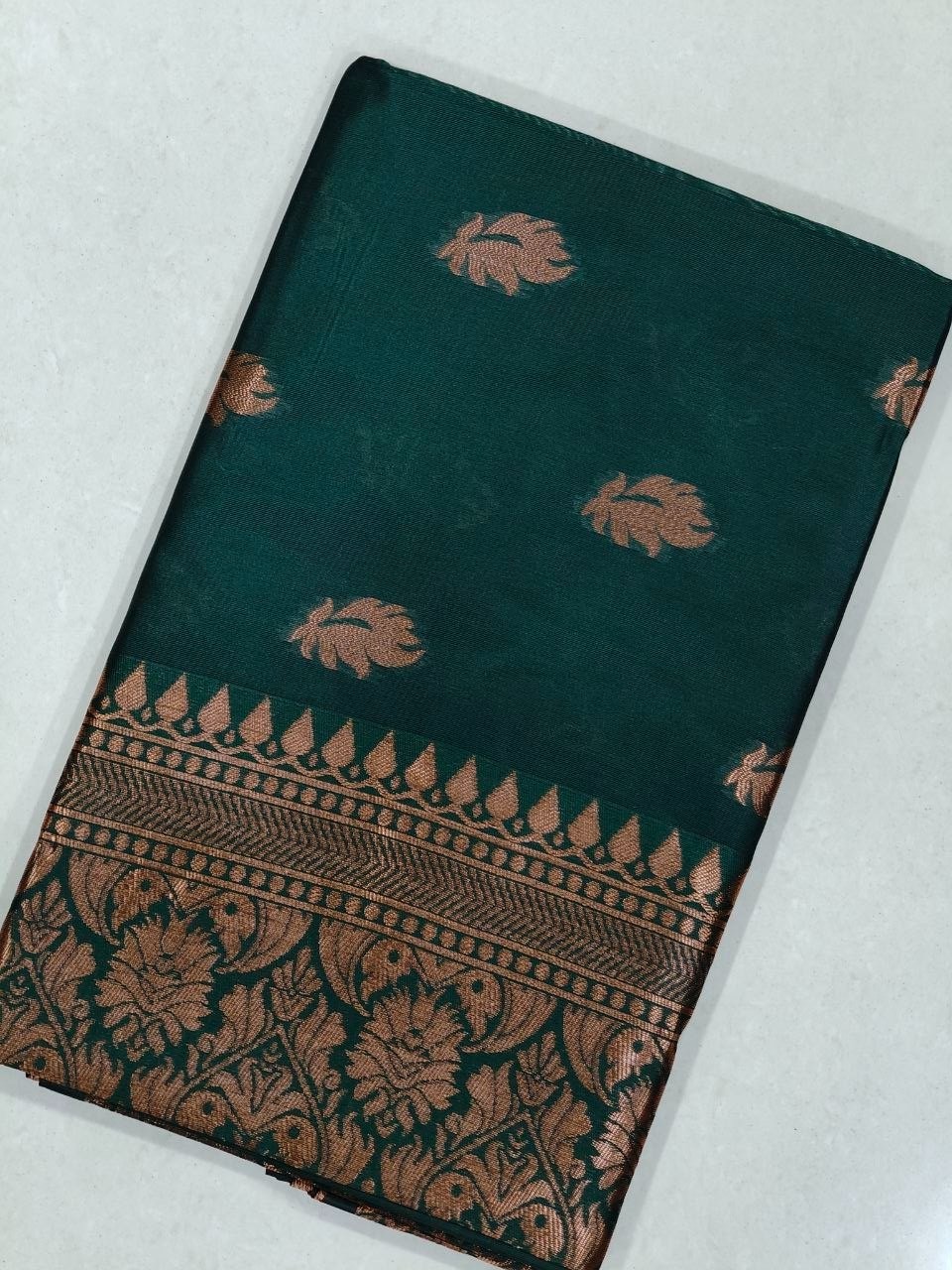 Wedding Wear Green Lichi Silk Saree with Golden Jacquard Pallu & Indian Blouse