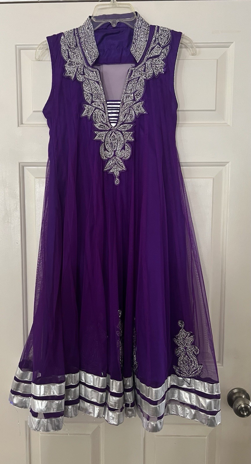 Handmade Custom Anarkali dress. Purple & Silver Embellished Size 11/12 India