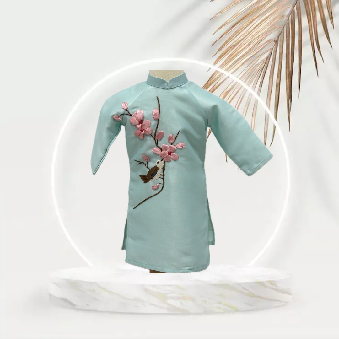 Turquoise Vietnamese Ao Dai with Pink Pants for Girl. Complete Set