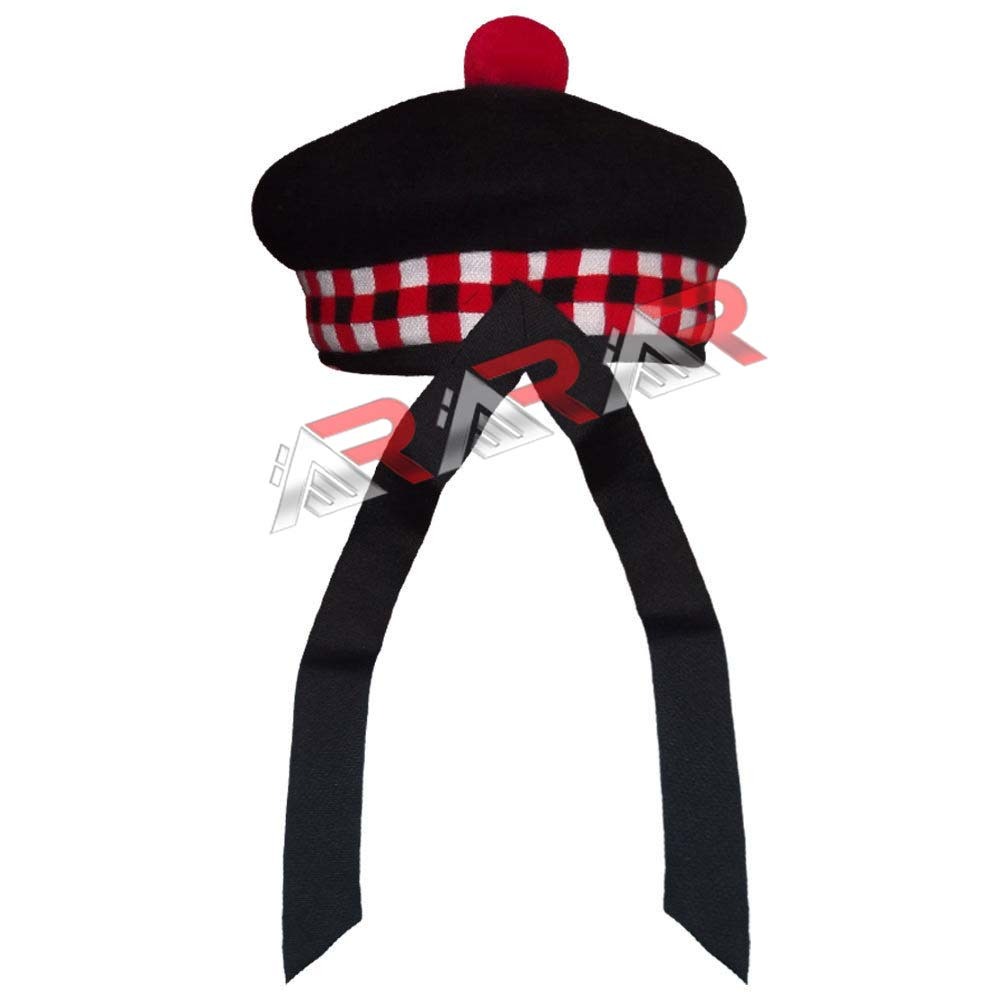 Scottish Highland 3 color Diced Black Wool Balmoral With Red Pompom on Top