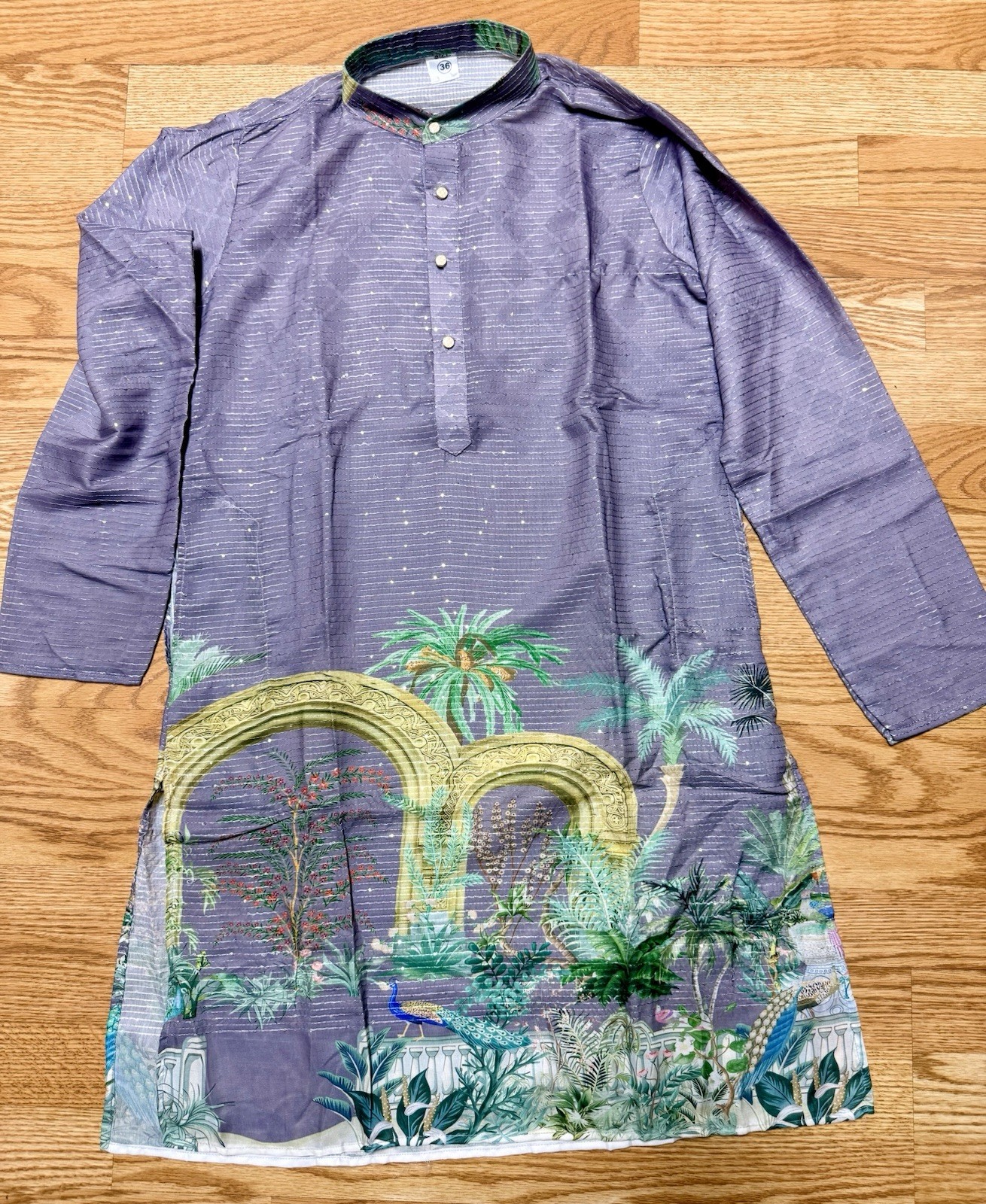 NWT Men’s Kurta PAJAMA SET SZ 36 S purple/sequins peacock PRINT India-USA sell