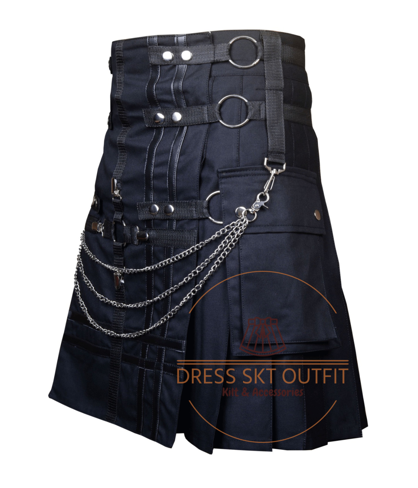 Men’s Scottish Black Cotton Utility Fashion Kilt Punk Goth Hybrid Cargo Kilt