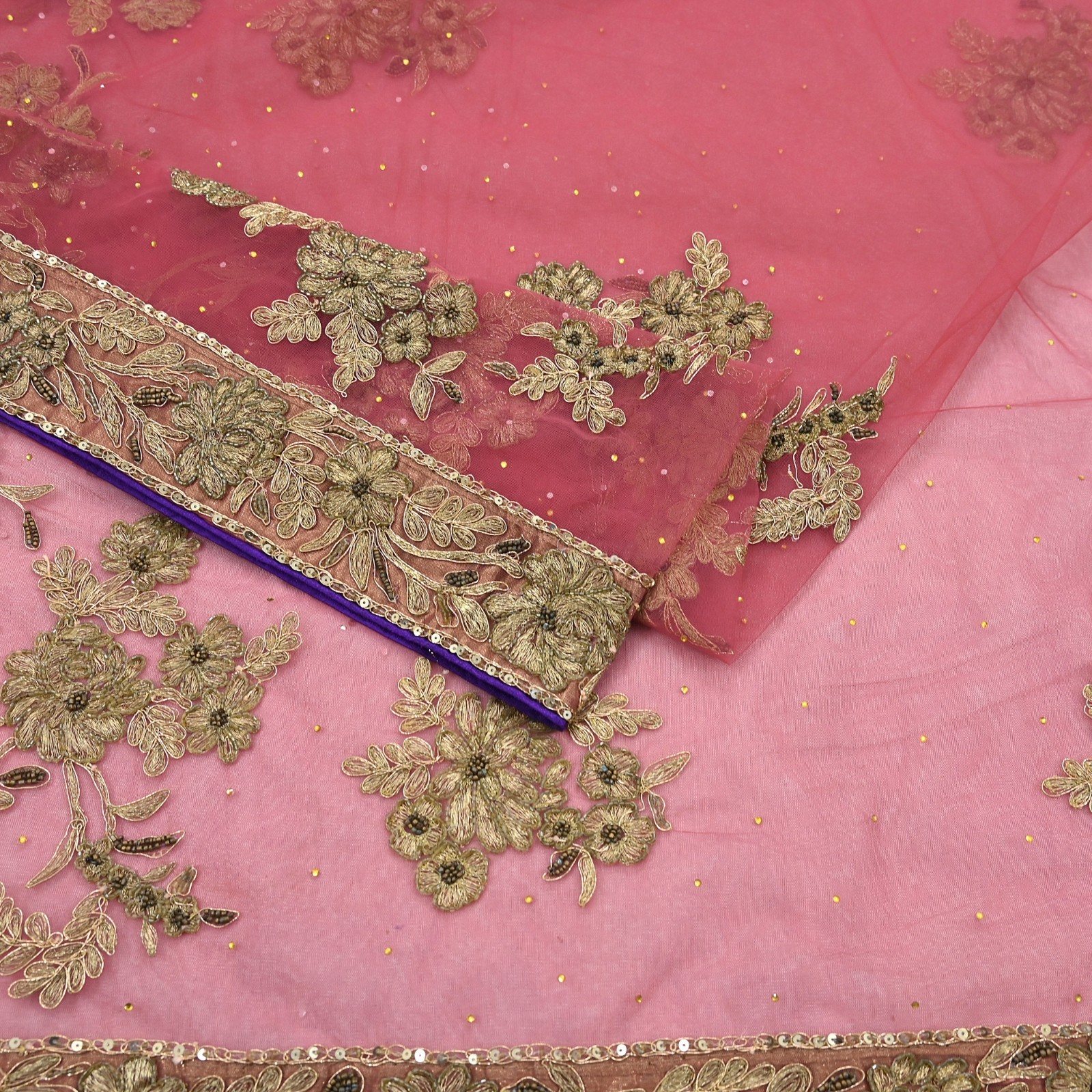 Indian Vintage Heavy Sari Pink Net/Mesh Hand Embroidered Sarees Craft Fabric 6Yd