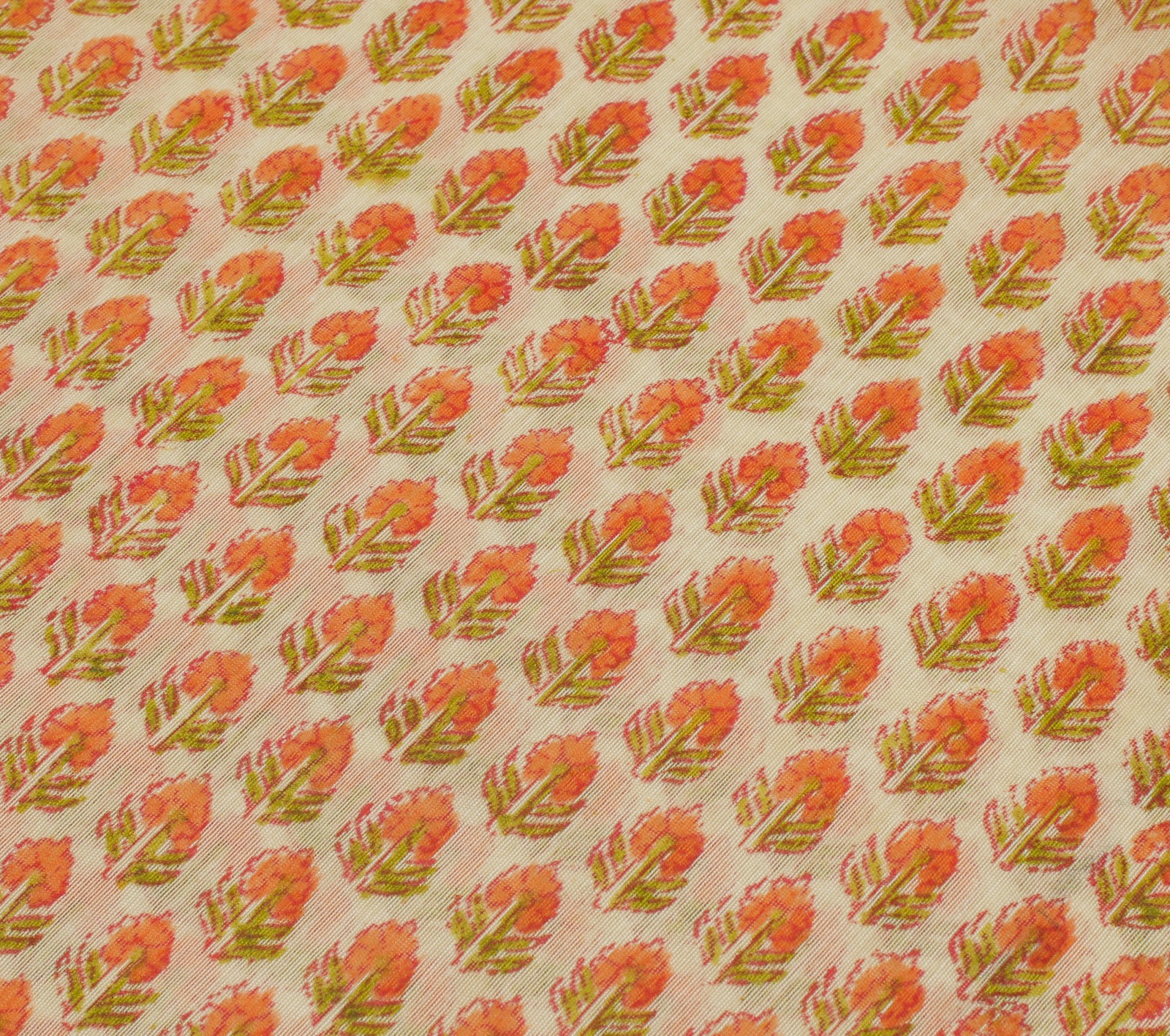Sushila Vintage Cream Saree Blend Cotton Hand Block Printed Floral Sari Fabric