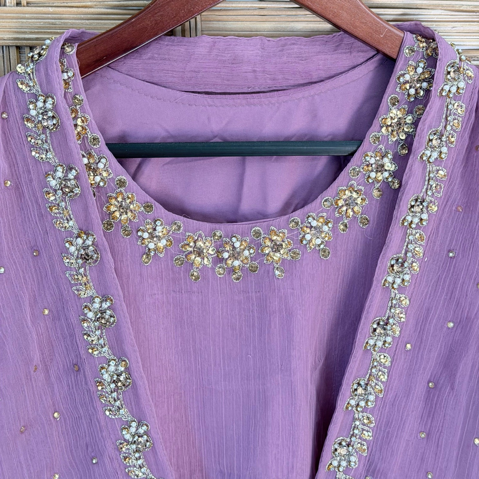 India lavender organza Anarkali kurta tunic vest set intricate embroidery lace