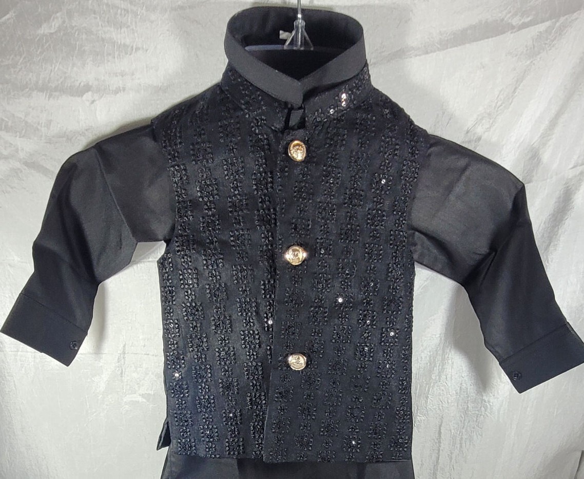 Kids Boys Damask Embroidered Sequin 3pc Kurta Set – Black – Choose Size