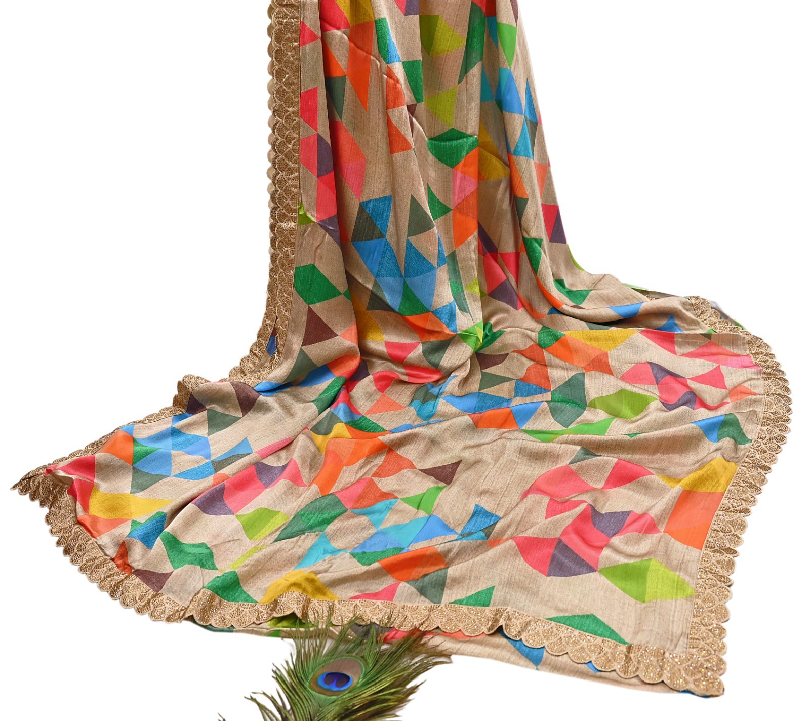 Rare Vintage Multi Pure Satin Silk Saree Hand Embroidered Fabric 5.5 Yards Sari