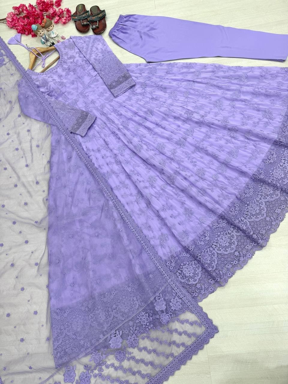 New Beautiful Lavender Faux Georgette Gown Bottom With Dupatta For Festive