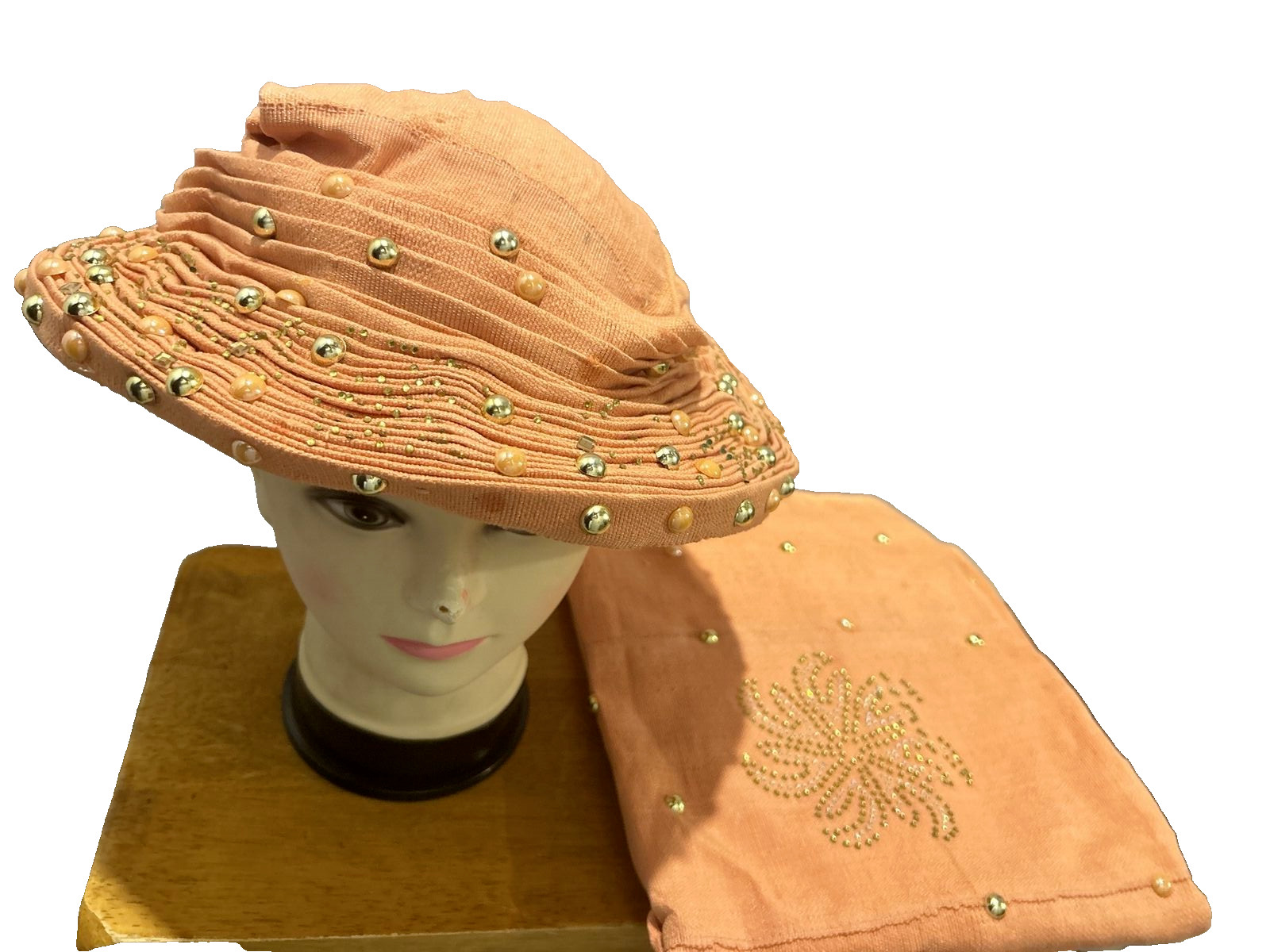 Auto gele, fully stoned Aso oke, head tie with shoulder shawl Orange