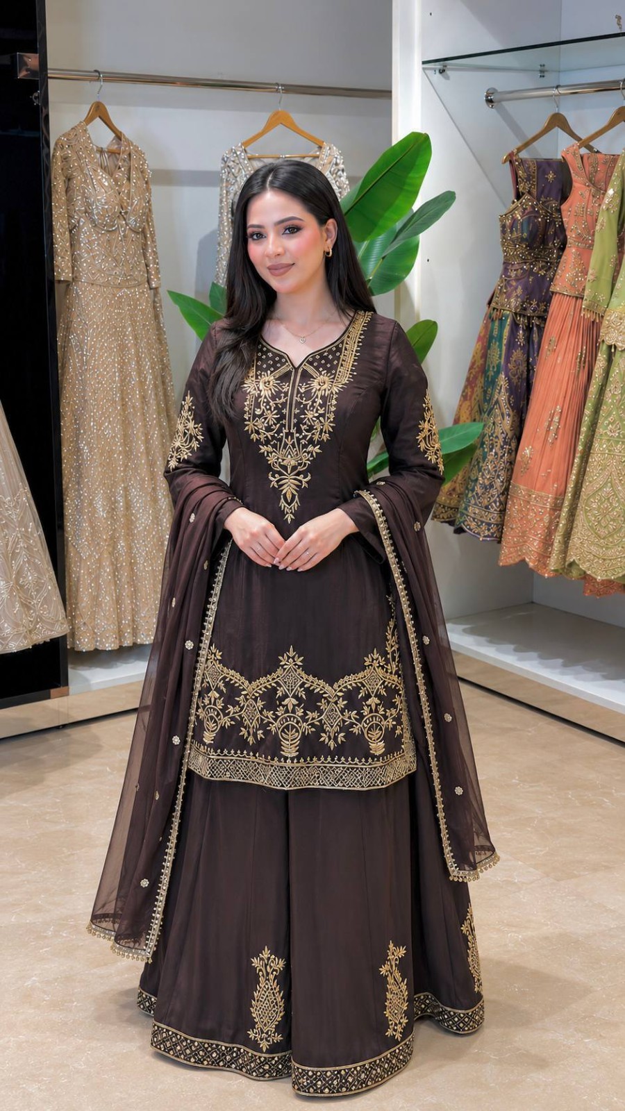 New Launch Natural Crepe Silk Brown Palazzo Suit With Dupatta For Reception Wear