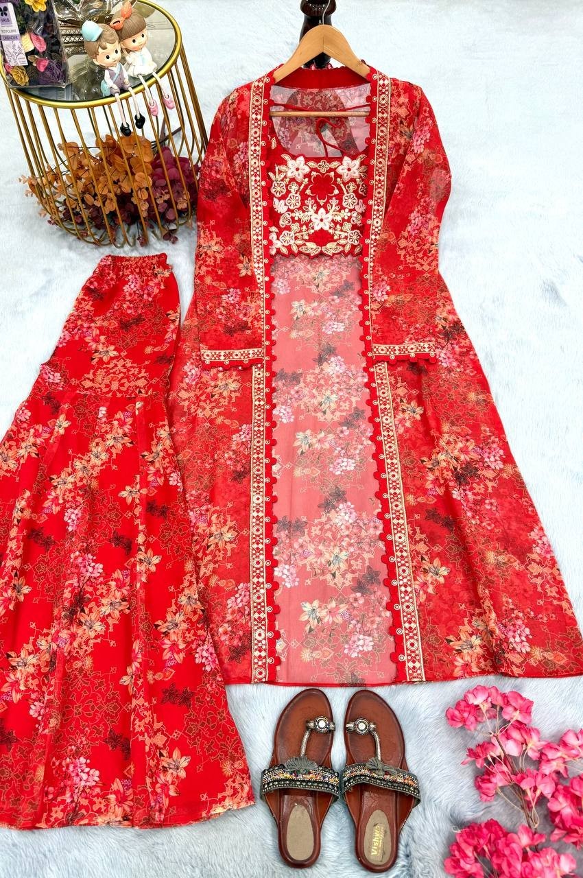 Readymade Designer Stitched Sharara Blouse with Shurg suits Dress For Women