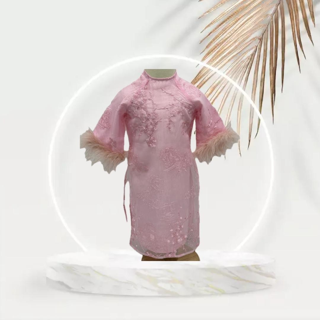 Pink Vietnamese Traditional Ao Dai/Dress with Pink Pants for Girl. Complete Set