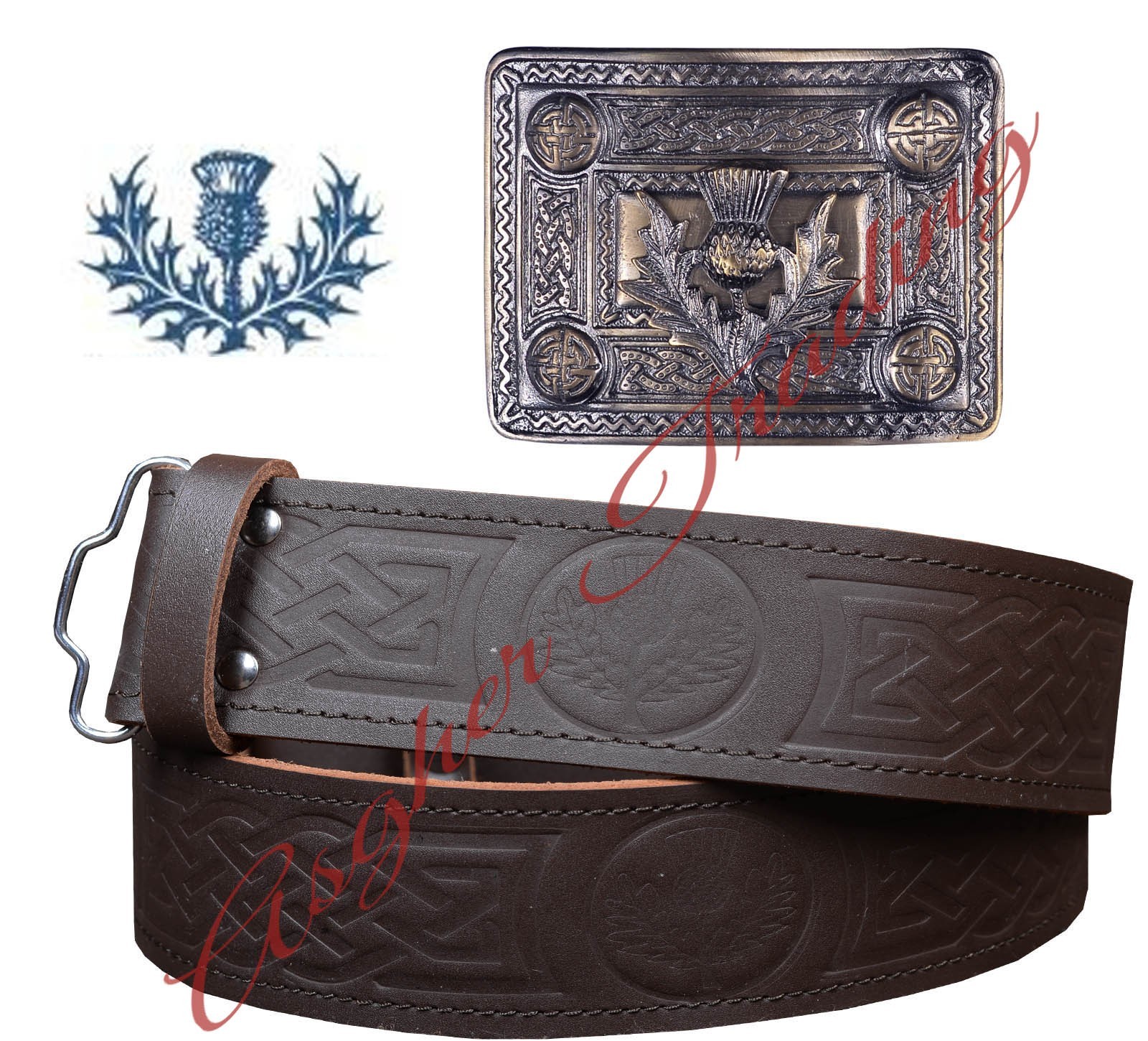 Thistle Embossed Brown Leather Kilt Belt Antique Buckle, Scottish Highland Style