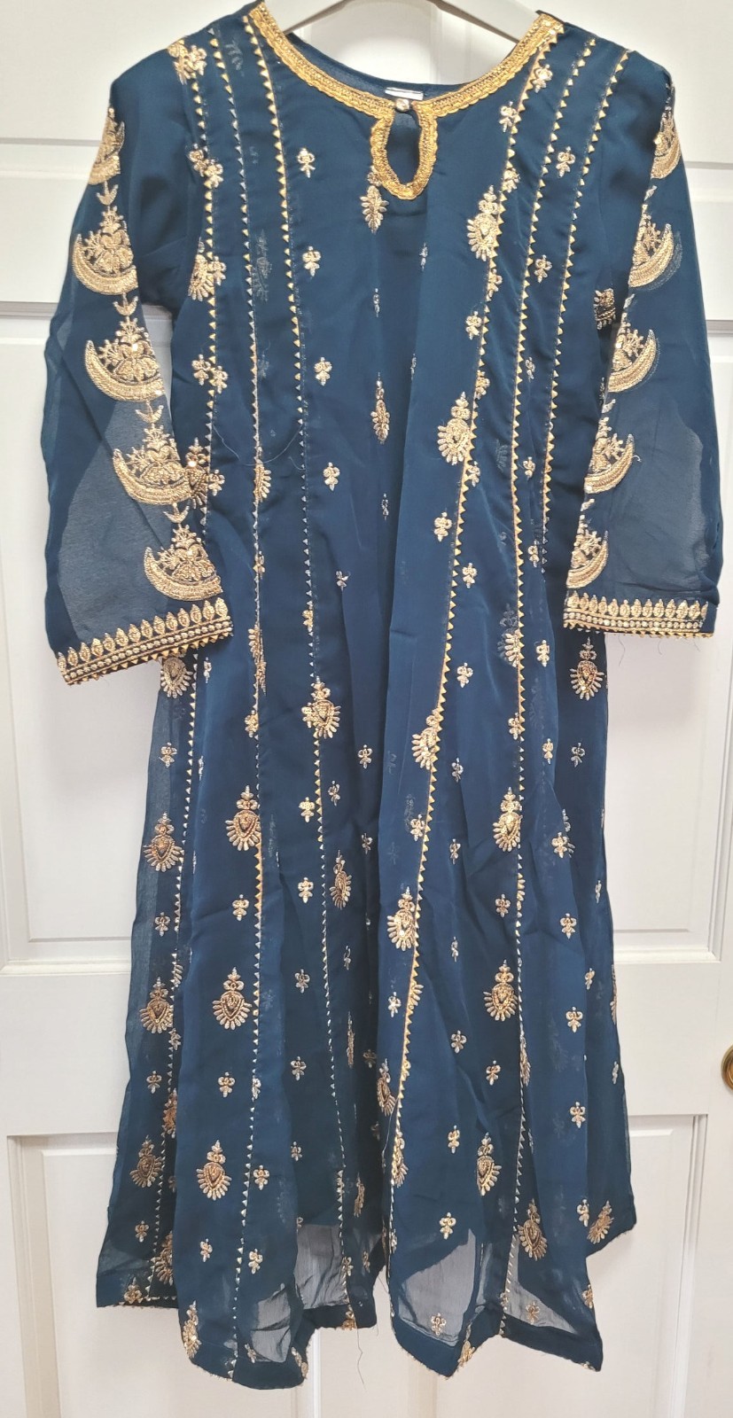 3pc Embroidered Sequin Cotton Chiffon Salwar Kameez & Dupatta – Navy Blue – S