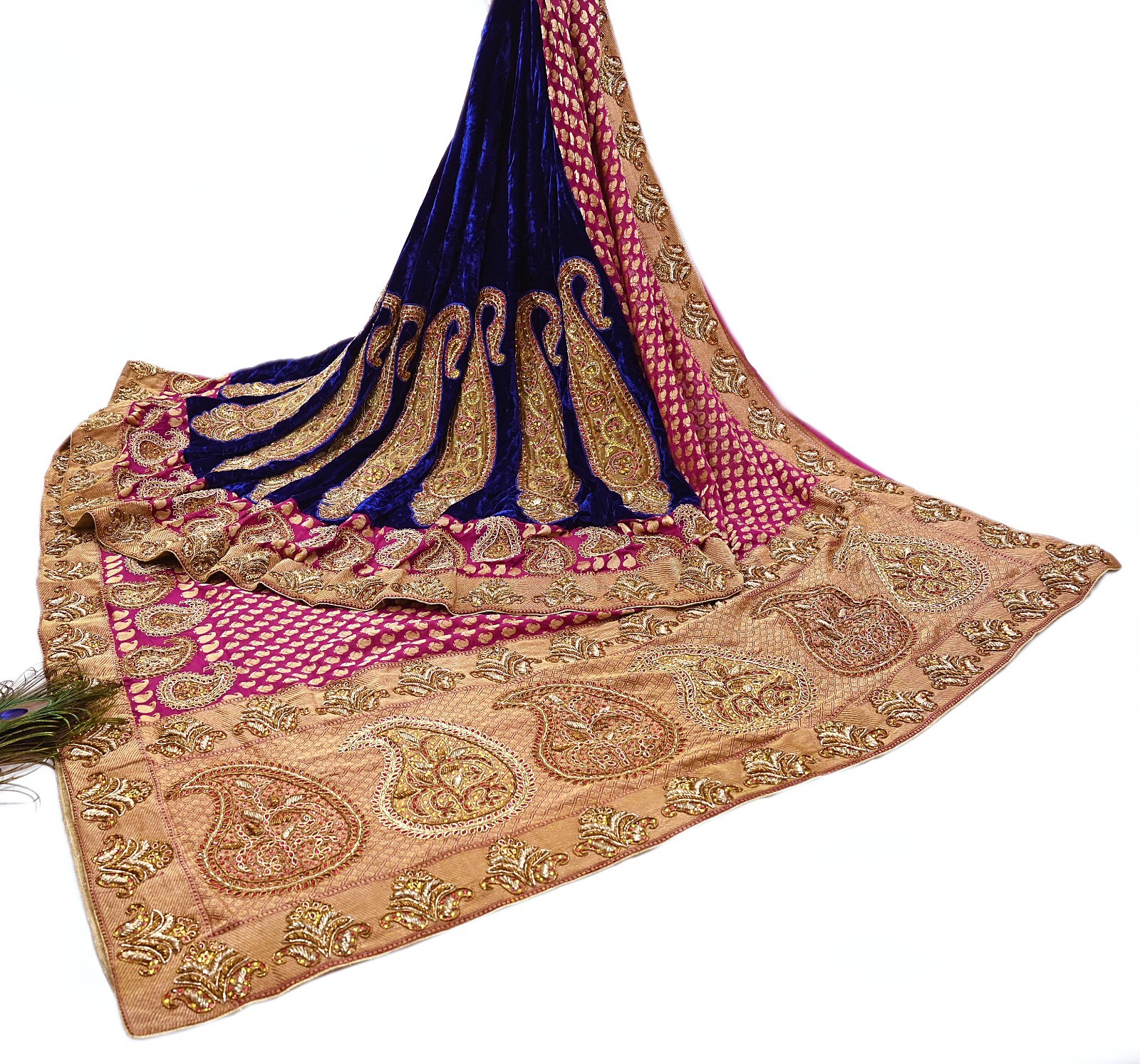 Manish Malhotra Designer Pink Blue Pure Georgette Silk & Velvet Lehenga Saree