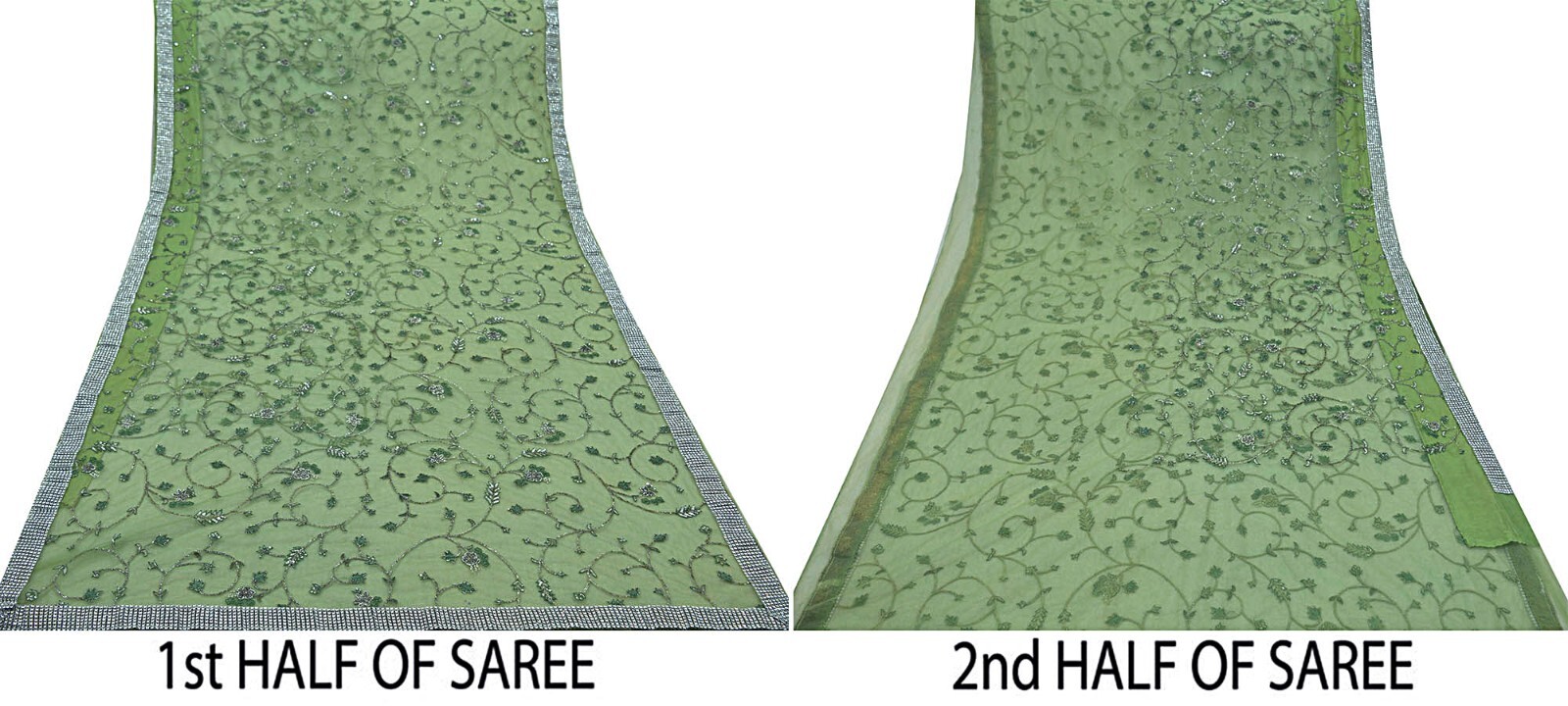 Vintage Heavy Saree Green Net/Mesh Hand Embroidered Sari Fabric 5Yd Sewing Dabka