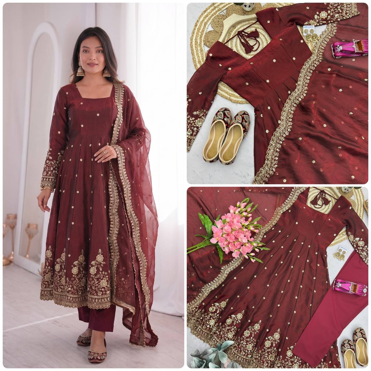 Designer Two Tone Fandy Silk Anarkali Gown Dupatta Pant Set Wedding Wear