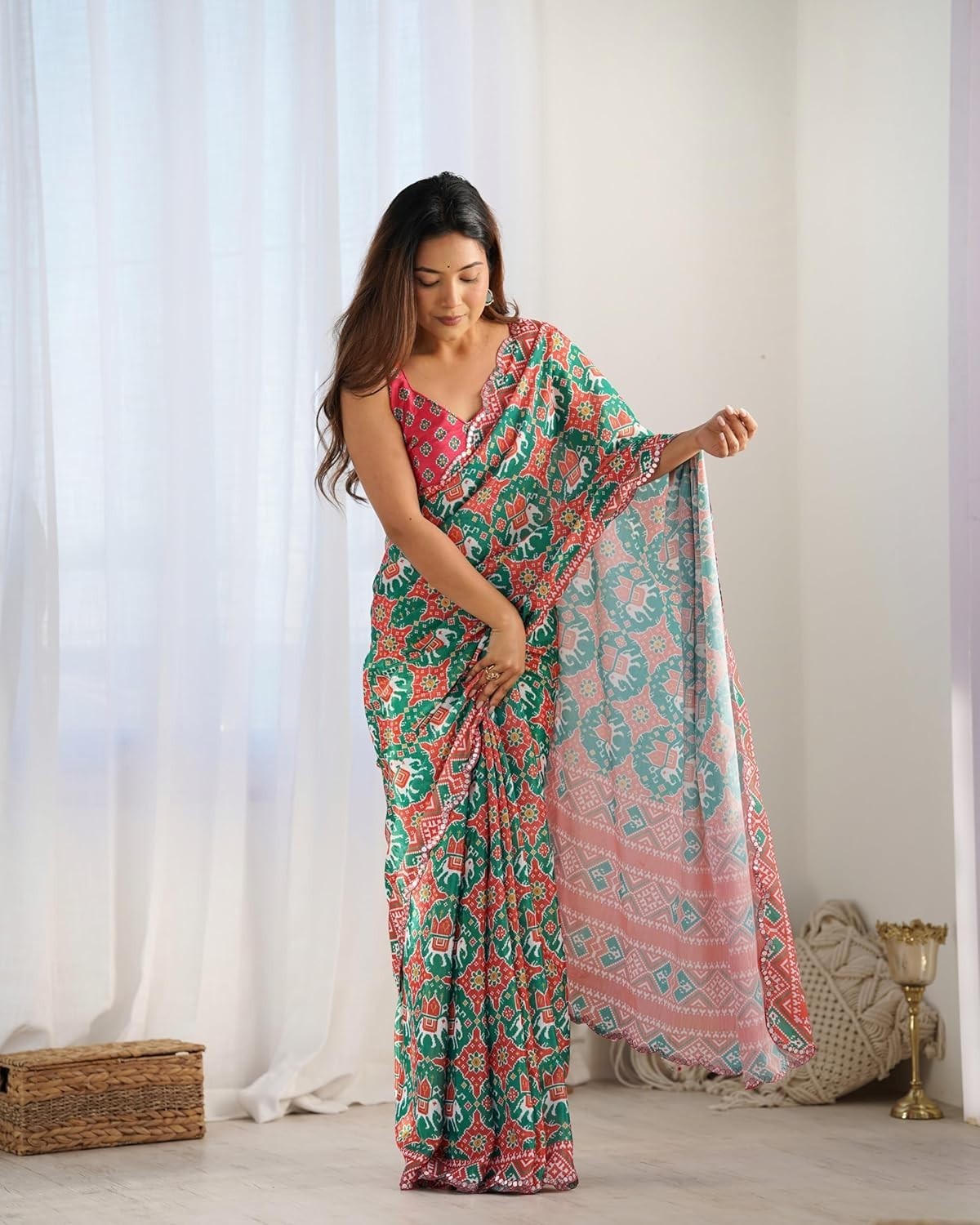 Women’s Chinon Digital Printed Saree with Unstitched Blouse Piece