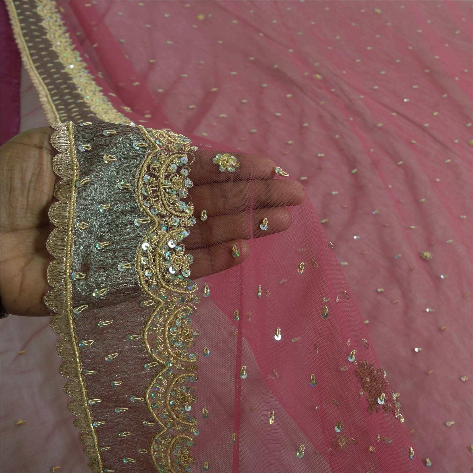 Sanskriti Vintage Pink Sarees Net Mesh Hand Beaded Zardozi Sari 5Yd Craft Fabric