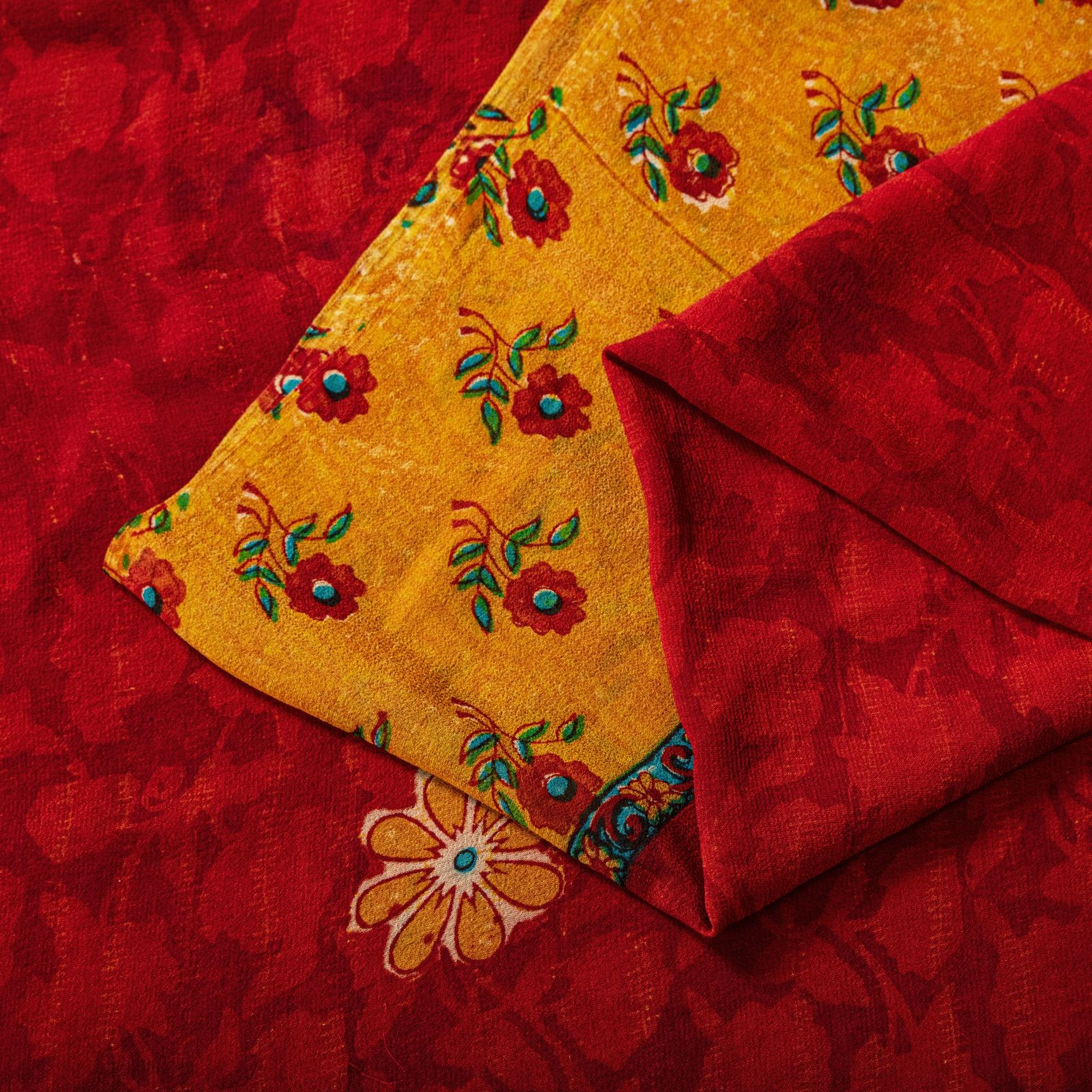 Sanskriti Vintage Saree Red Pure Georgette Silk Floral Block Printed Sari 5.5Yd