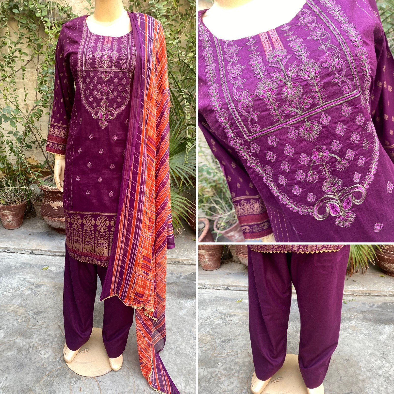Pakistani Magenta Printed Straight Shirt 3-PCS Lawn Suit / Threadwork ,L