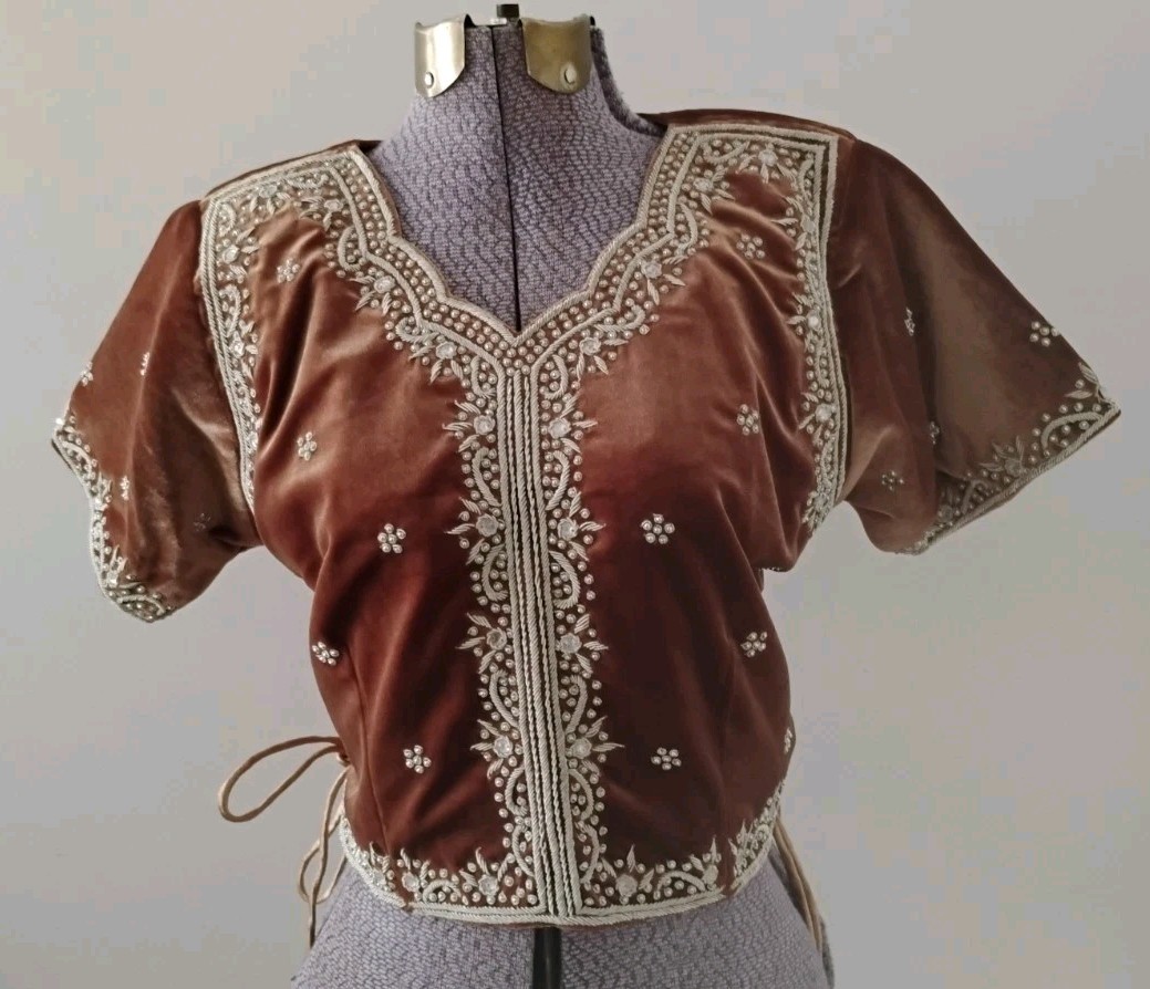Indian Velvet Silk Embroidered Choli Blouse Handcrafted Brown Bridal/Festive New