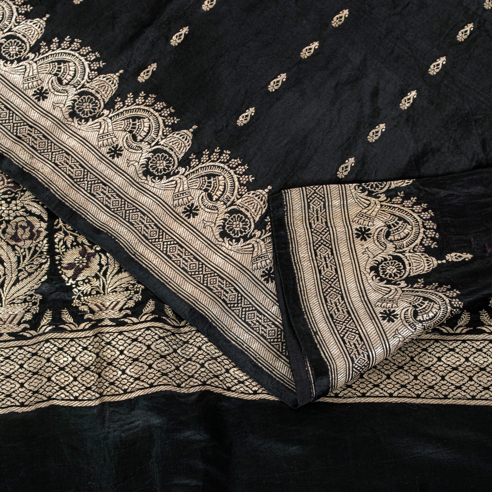 Sanskriti Vintage Black Pure Satin Sarees Banarasi Brocade Zari Hand-Woven 5+Yd