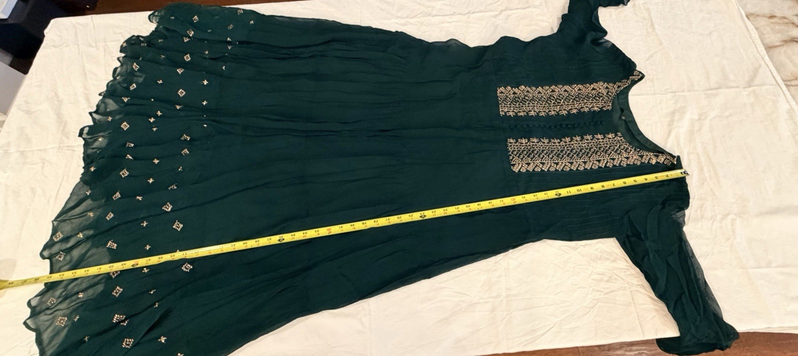Dark Green Floor-Length Indo-Western Dress / Long Kurti – Gold Embroidery XXL