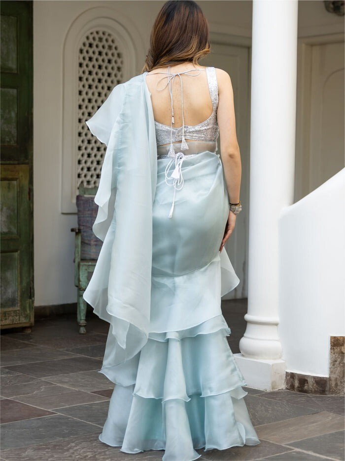 Blue ruffle sarees for wedding reception designer-made wedding Indo-western sari