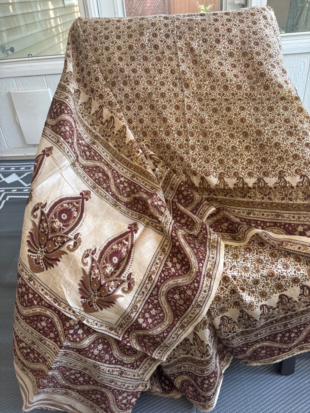 Beautiful printed silk saree with fall and pico.one tiny spot on fall.