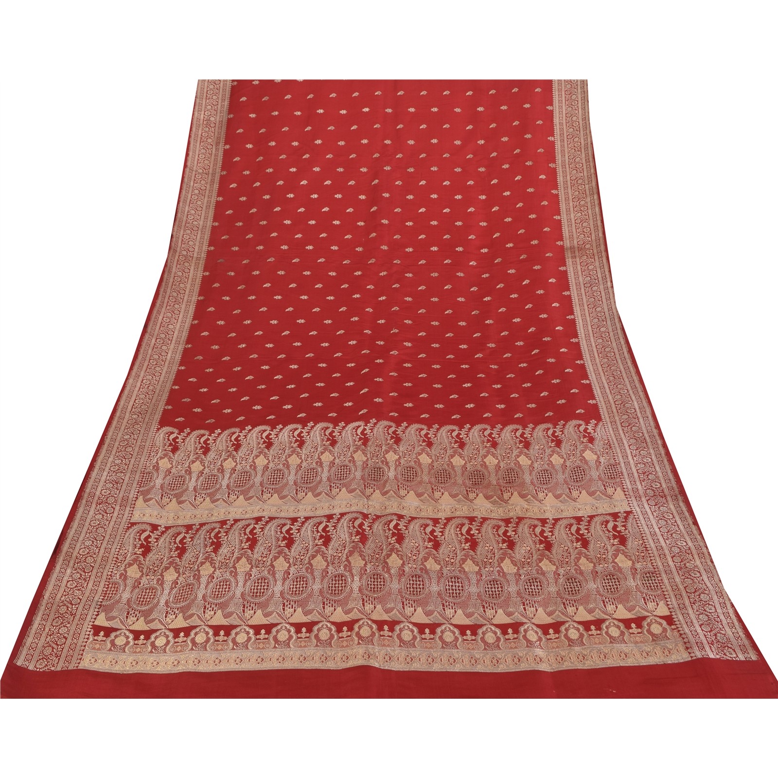 Sanskriti Vintage Red Sarees Pure Satin Silk Brocade/Banarasi Woven Sari Fabric
