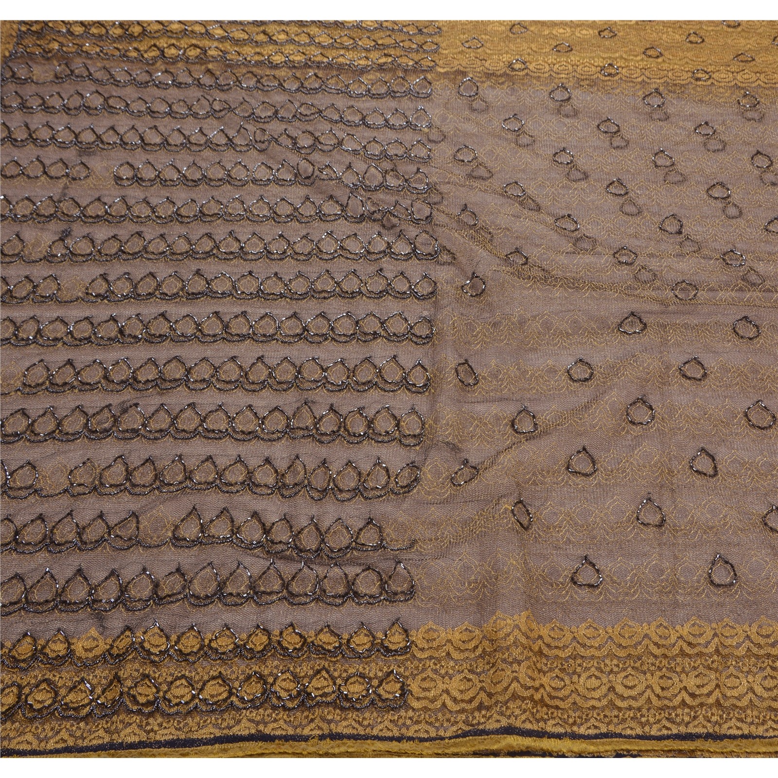Sanskriti Vintage Black Sarees Net Mesh Hand Beaded Woven Craft Fabric Sari